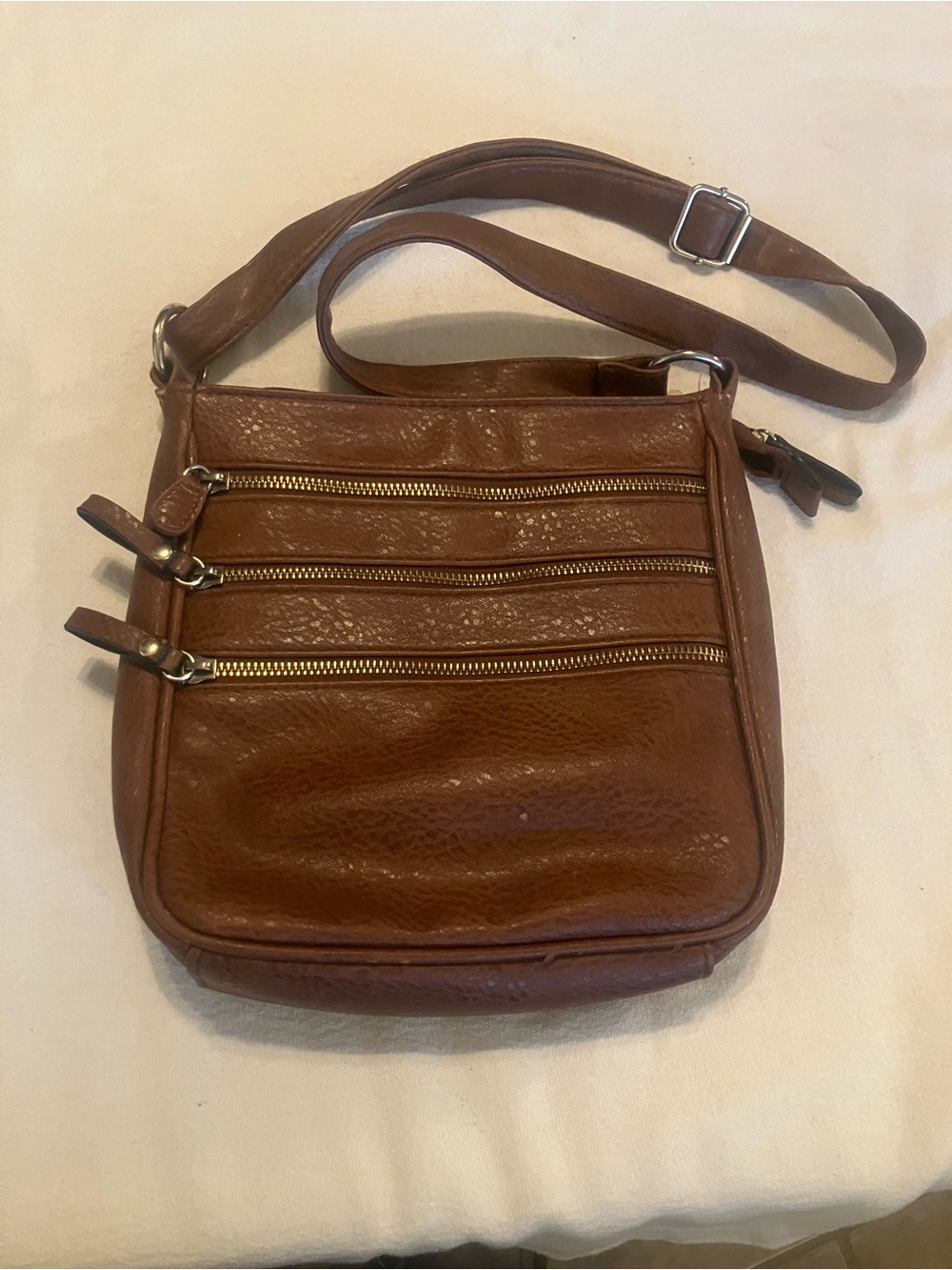 Brown Leather Crossbody Bag with Triple Zip Front - 3 Compartment Organizer
